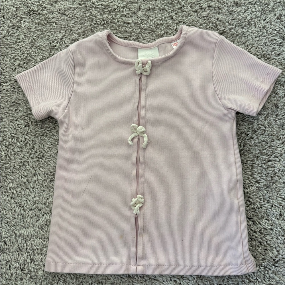 Zara Pale Pink Short Sleeve Ribbed Tee with Center Bow Accents